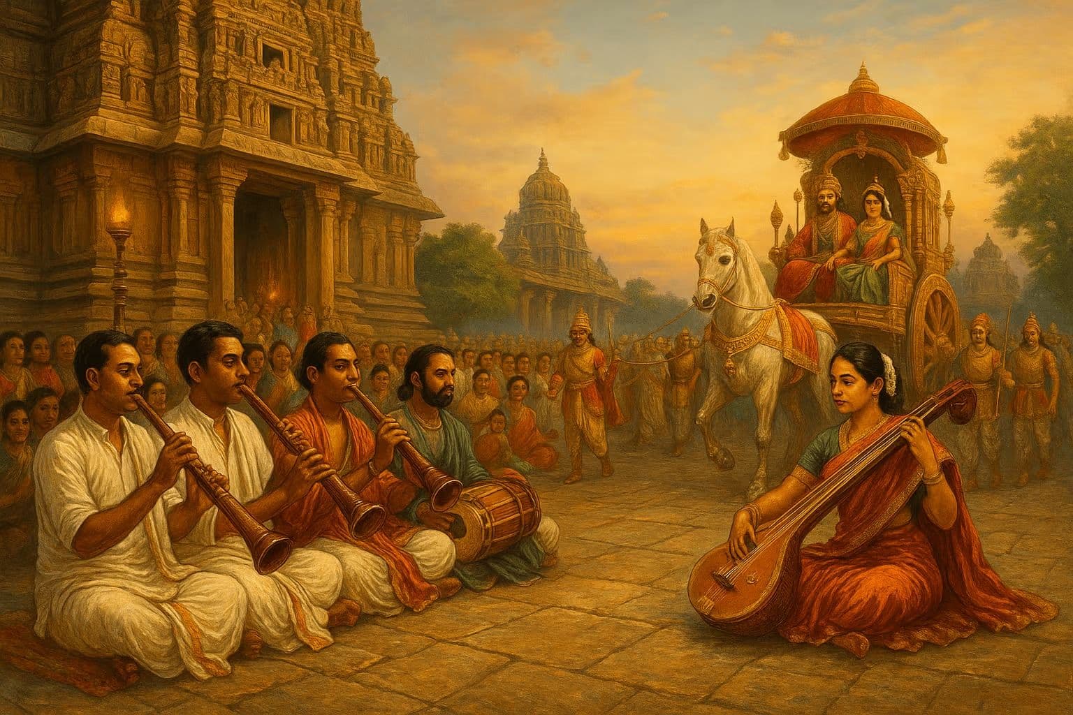 Musicians performing Carnatic music at a temple, with a vocalist playing the tanpura